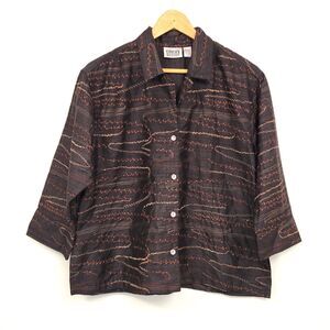 Chico's Button Down Shirt Size 1, Medium Brown Silk Embroidered Vintage Boxy